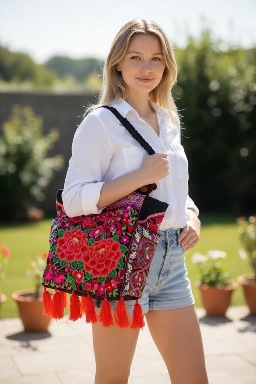 Embroidered Tote Bag Womens Large Multicolor Floral Tassel Boho Canvas Purse